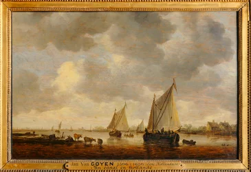 Deux grandes barques à voiles sur un fleuve et bestiaux près de la rive - Dois grandes barcos à vela num rio e animais nas margens ...