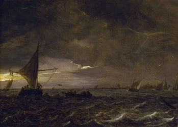 Barcos de pesca num estuário ao anoitecer, com vista para uma cidade e a sua torre sineira no horizonte. Óleo sobre madeira de Jan van Goyen (1596-1656).