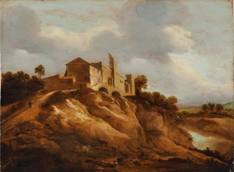 Uma paisagem rochosa com um castelo fortificado com vista para um rio