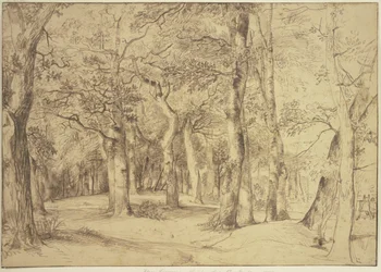 O interior de uma floresta, à direita um pintor está sentado diante do cavalete