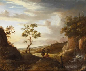 Paisagem com um artista que pinta uma cachoeira, década de 1640