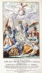 Página de título alegórica, de "O Grande Novo Atlas Aumentado do Mar, 1680"