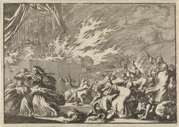 Incêndio de um barracão de madeira no qual se realiza uma representação teatral ao lado do castelo de Amelienborg em Copenhaga, 1689