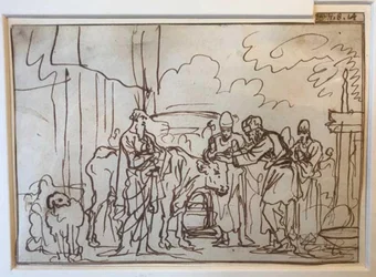 O touro é apresentado para a oferta pelo pecado, Aarão e os seus filhos colocam as mãos sobre a sua cabeça (Lev. 8,14)