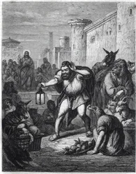 Esop e Cristo: o escritor grego Esop (Esop ou Esopus, século VI a.C.), com uma lanterna na mão, cruza um passeio entre personagens com cabeças de animais em busca de "um homem". Atrás dele, vemos Jesus Cristo. Ilustração inspirada na fábula "Esope a un
