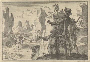 Espanhóis armados olham para pessoas inteiramente selvagens a partir de rochas, c. 1600