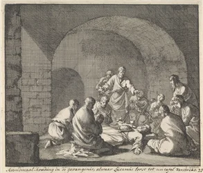 Santo Luciano celebra o jantar na prisão
Postura de comunhão numa prisão onde Lucianus fornece o peito a uma mesa (título sobre o objecto)