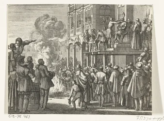 Jacob van Campen com mitra na cabeça no cadafalso em Amesterdão, 1535