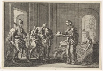 Mãe mostra aos guerreiros os restos de seu filho comido durante a fome em Jerusalém, 1704.
