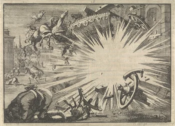 Carruagem e cavalos do rei Luís XIII destruídos por uma explosão de máquina infernal, c. 1625