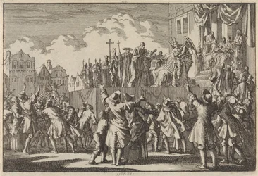Cena de rua em Aberdeen zombando da religião católica, 1689