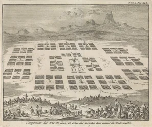 Acampamentos das Doze Tribos de Israel colocados ao redor do Tabernáculo Campement des XII Tribus, et celui des Levites tout autour du Tabernacle (título no objeto)