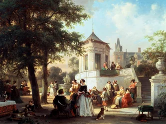 A festa no jardim, 1854. Pintura de Jan Michiel Ruyten (1813-1881 belga) Coleção Privee