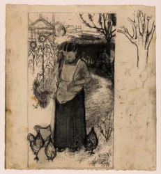 Annie Mankes-Zernike alimentando galinhas, certo: estudos de uma árvore e galinhas