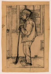 Douwe de perfil, de pé em frente a uma casa com uma pá