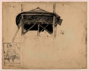 Estudo de um palheiro, na parte inferior esquerda: Esboço de um cavalo em frente de um palheiro.