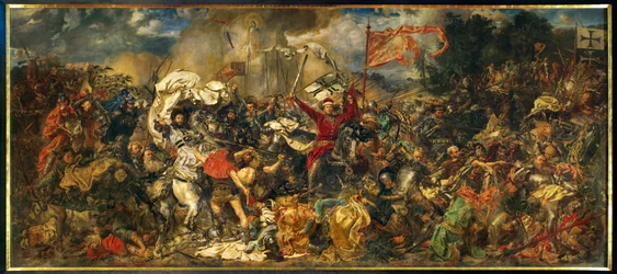 A batalha de Grunwald, na qual um exército polaco-lituano, liderado pelo rei polaco Wladyslav II Jagiello ... (pintura sobre tela)