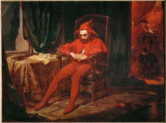 O bobo da corte Stanczyk recebe a notícia da perda de Smolensk, durante um baile na corte da rainha Bona (pintura sobre tela)