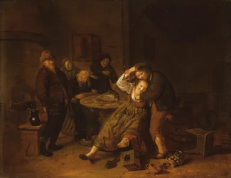 Interior de Taverna com um Boor Carousing with a Wench (óleo sobre painel)