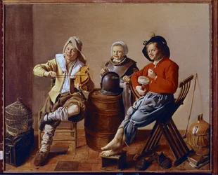 Dois rapazes e uma rapariga a fazer música (pintura
