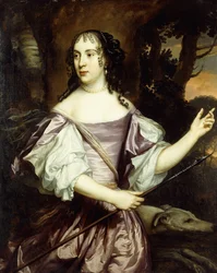 Retrato de uma senhora, de pé três quartos, vestindo um vestido de cetim branco e lavanda