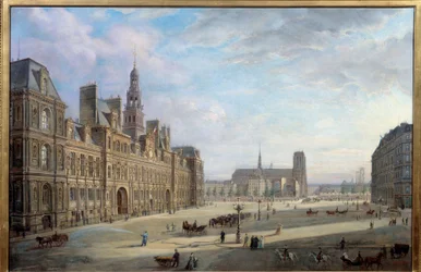 A prefeitura de Paris em 1868. Pintura de Jan Ostoga De Miodoucheski (Mioduzsewski) (1831 -?). Óleo sobre tela. Diâmetro: 0,78 x 1,17m. Paris, Musee Carnavalet - A Câmara Municipal de Paris em 1868. Pintura de Jan Ostoga por Miodoucheski (Mioduzsewski) (18