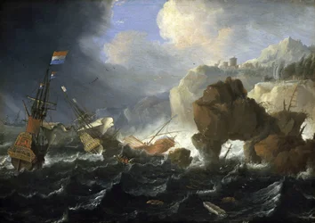 Um navio holandês e um galeão encalham numa costa rochosa durante uma tempestade. Óleo sobre madeira, de Jan Peeters (1624-1677).