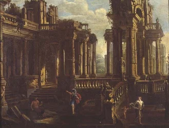 Um capriccio de ruínas clássicas com um guerreiro, um sátiro e um cupido perseguindo uma ninfa