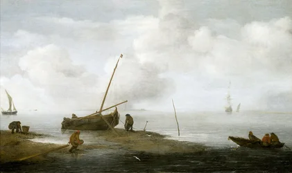 Pesca de mexilhões, um barco de pesca na costa e três homens ocupados a recolher mexilhões nos seus cestos. Óleo sobre tela, 1622, de Jan Porcellis (1580-1632).