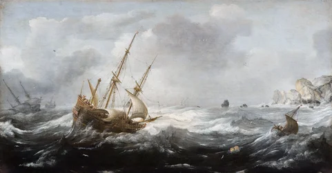 Navios em uma tempestade em uma costa rochosa