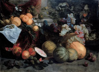 Natureza morta com frutas e legumes, primeiro terço do século XVII.