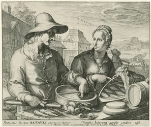 Agricultor e mulher de um agricultor numa banca de mercado