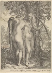 Diana e uma ninfa na frente de uma árvore Diana e suas ninfas (título da série)