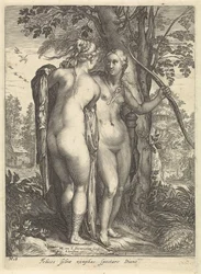 Diana e uma ninfa na frente de uma árvore Diana e suas ninfas (título da série)