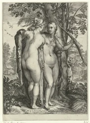 Diana e uma ninfa na frente de uma árvore Diana e suas ninfas (título da série)