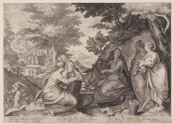 As virgens sábias reunidas numa paisagem antes da pregação do Batista, da Parábola das Virgens Sábias e das Virgens Loucas