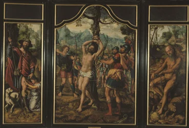 Tríptico do Martírio de São Sebastião (painel central): São Roque (painel esquerdo), Santo Onofre (painel direito), São Pedro (reverso do painel direito), Santo Estêvão (reverso do painel esquerdo), entre 1525 e 1566 (óleo)
