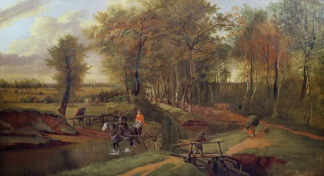 Uma paisagem de rio arborizado com figuras, cavalo e carrinho, 1692