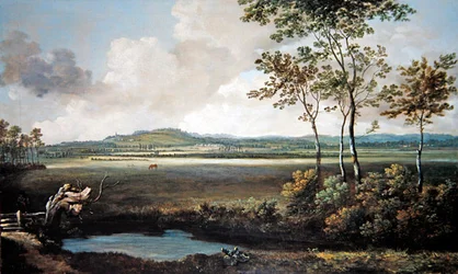 Uma Paisagem Extensiva com Córrego e Cavalos a pastar (óleo sobre tela)