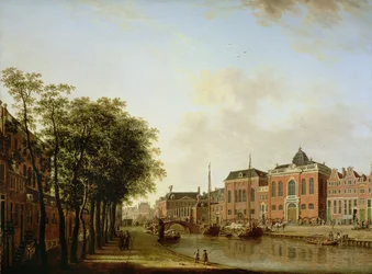 A Houtgracht, atualmente Jonas Daniël Meijerplein, Amesterdão, com as sinagogas asquenazes, o arsenal, a Sinagoga Portuguesa e barcaças à vela