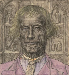 Retrato de um camponês idoso na frente de uma catedral, 1904.