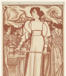 Trabalho para a mulher. Bilhetes da Exposição Nacional do Trabalho Feminino a 50 cêntimos, disponíveis no recinto e nos depósitos. Primeiro prémio, um adorno de joalharia no valor de f.1000,- (título no objeto)