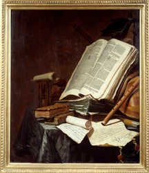 Pintura de Livros e Instrumentos Musicais por Jan Vermeulen (1638-1674) Sol do século XVII. 0,78x0,69 m Nantes, musee des Beaux Arts