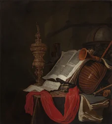 Natureza morta com instrumentos musicais e livros Vanitas