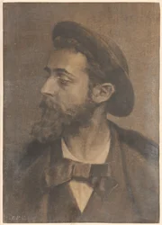 Retrato de um homem com barba e chapéu, à esquerda