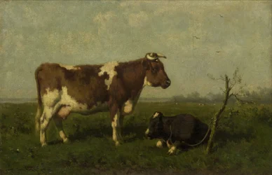 Uma Vaca com o seu Bezerro num Prado