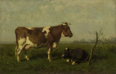 Uma vaca com o seu bezerro num prado