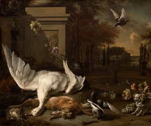 Natureza morta com ganso e caça diante de uma propriedade rural, c.1685 (óleo sobre tela)