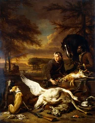 Despojos de caça com um criado de caça e um pajem negro segurando um cavalo baio, 1700