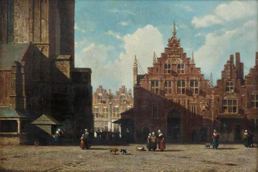 Vista iluminada do Grote Markt com a igreja de S. Bavo e o Vleeshal, Haarlem (óleo sobre painel)